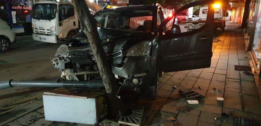 Alkollü sürücü önce araca ardından aydınlatma direği ve ağaca çarparak durabildi