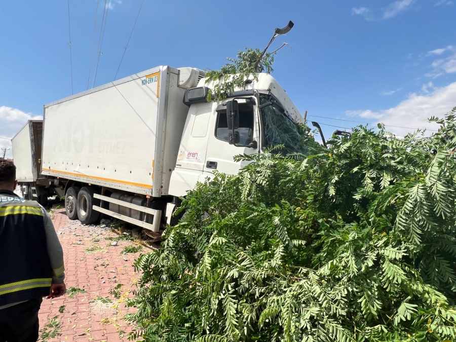 El freni boşalan kamyon elektrik direğine çarparak durabildi