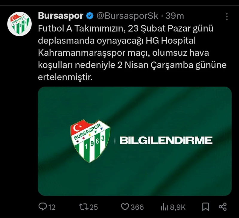 Bursaspor - Kahramanmaraşspor maçı elverişsiz hava koşulları nedeniyle ertelendi