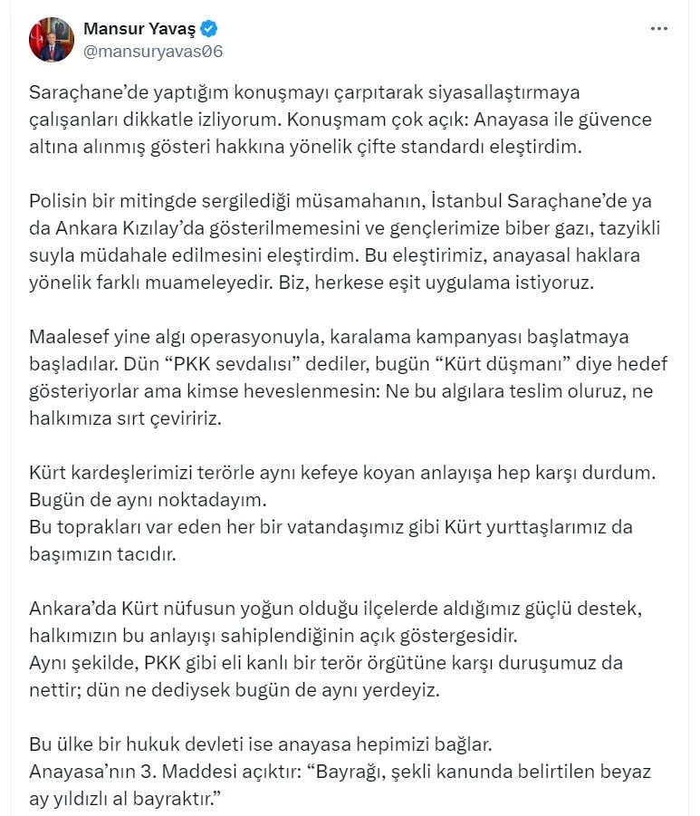Mansur Yavaş: Biz, herkese eşit uygulama istiyoruz
