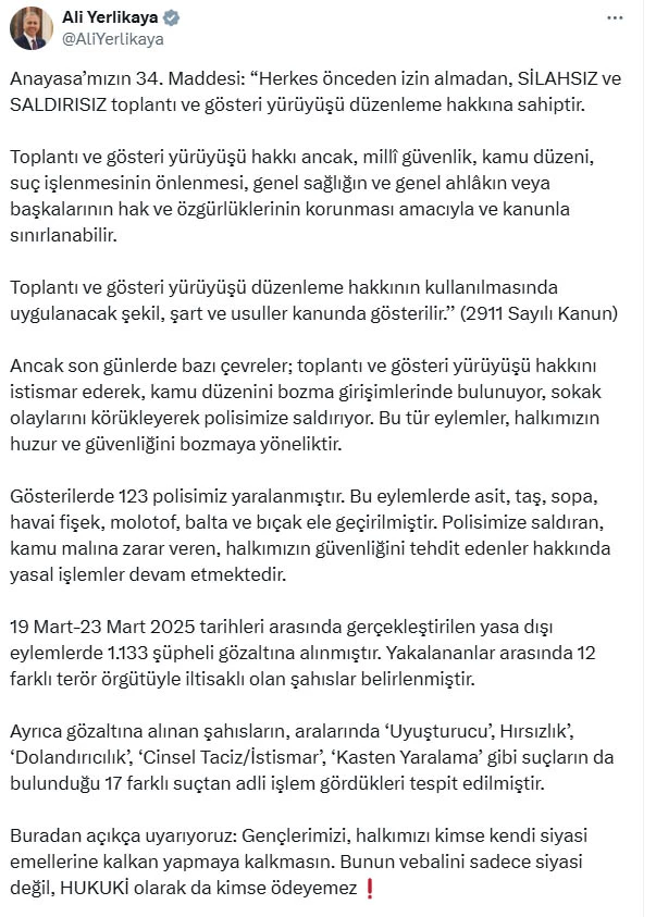 Bakan Yerlikaya: Yasa dışı eylemlerde 1133 şüpheli gözaltına alındı