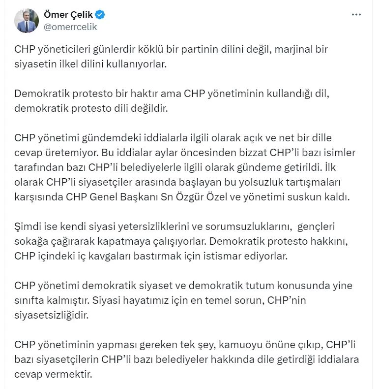 Ömer Çelik: CHP yönetiminin kullandığı dil, demokratik protesto dili değildir
