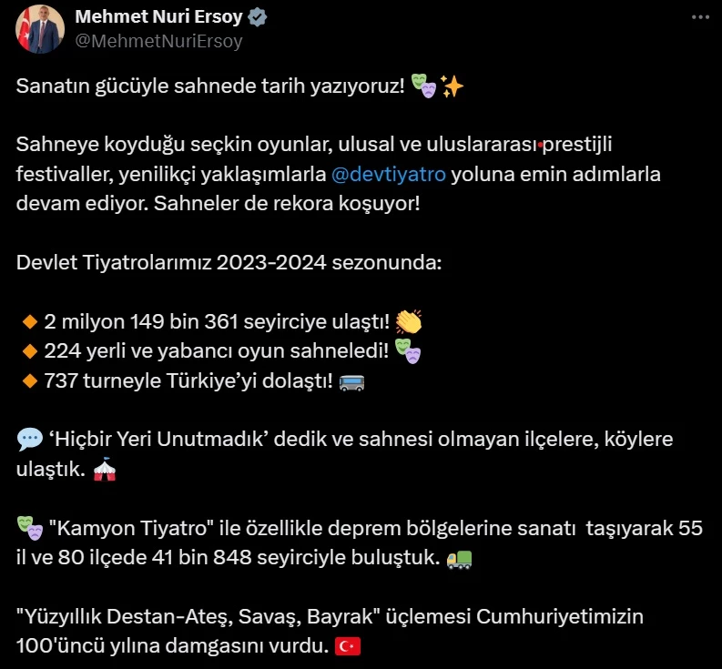 Bakan Ersoy: Devlet Tiyatroları, 2023-2024 sezonunda 2 milyon 149 bin seyirciye ulaştı