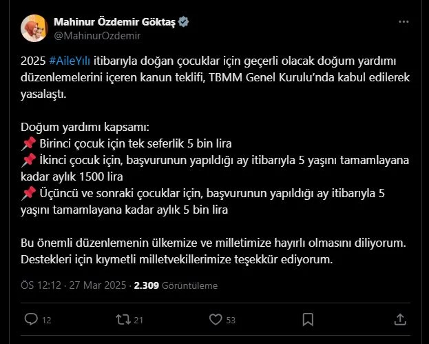 Bakan Göktaş: Doğum yardımını içeren kanun teklifi yasalaştı