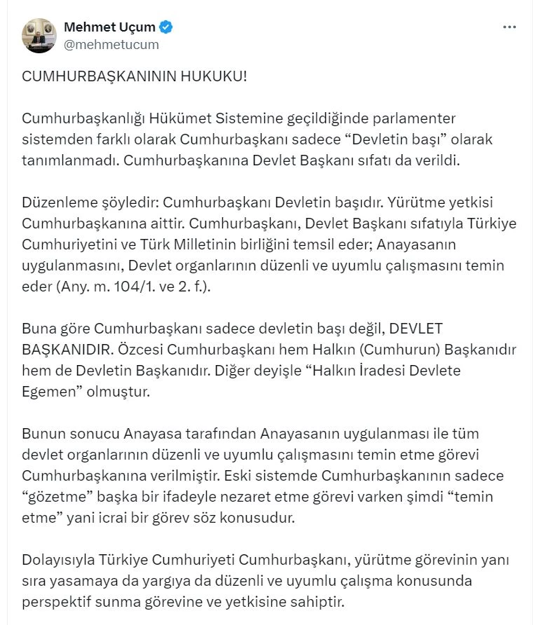 Uçum: Cumhurbaşkanına saygı, anayasal düzene uymanın bir gereğidir
