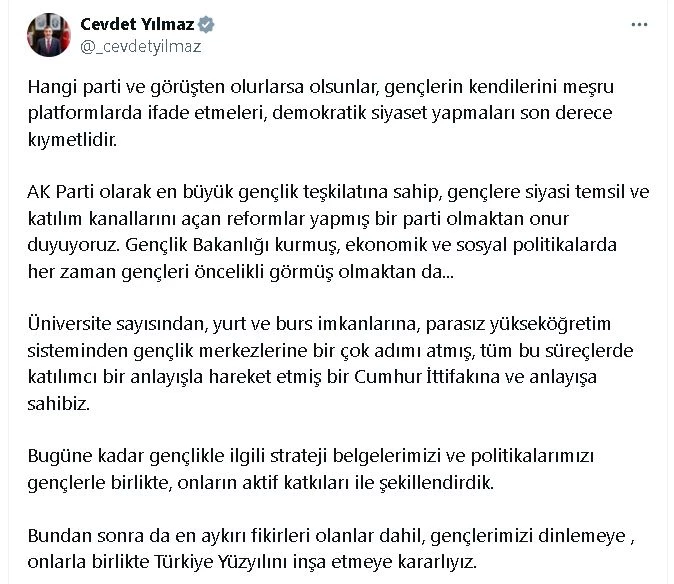 Cevdet Yılmaz: Gençlerin siyasete katılımı, sokak terörü ile karıştırılmamalı