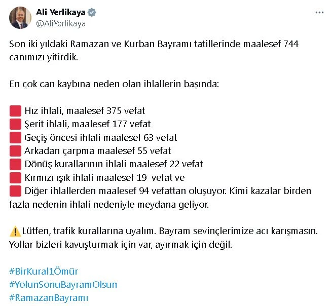 Bakan Yerlikaya: Son 2 yıldaki bayram tatillerinde 744 canımızı yitirdik