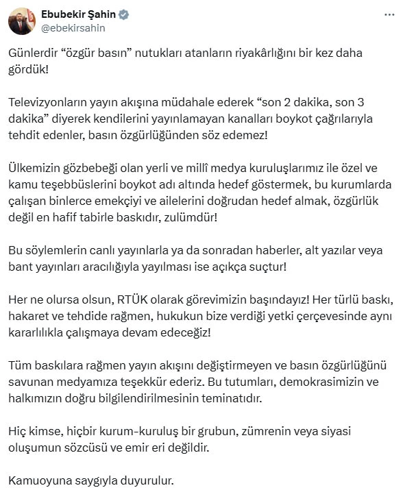 RTÜK Başkanı Şahin: Medya kuruluşlarımızı hedef göstermek zulümdür