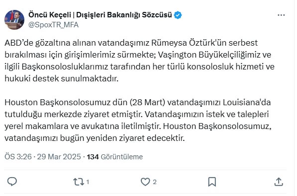 Dışişleri Sözcüsü Keçeli: Rümeysa Öztürk