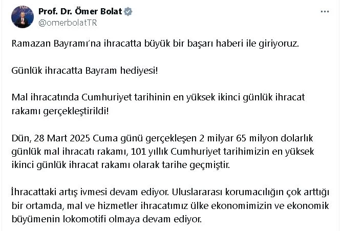 Bakan Bolat: Cumhuriyet tarihinin en yüksek ikinci günlük ihracat rakamı gerçekleştirildi
