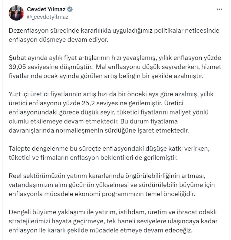 Cevdet Yılmaz: Tek haneli seviyelere ulaşıncaya kadar enflasyon ile mücadele edeceğiz