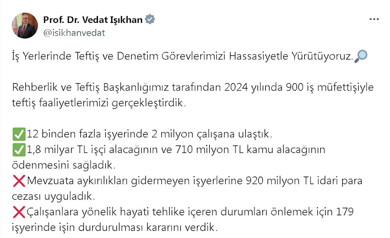 Bakan Işıkhan: 1,8 milyar lira işçi alacağının ödenmesini sağladık