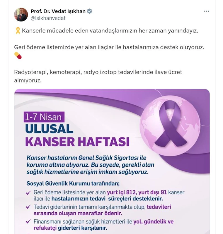 Bakan Işıkhan: Kanser tedavilerinde ilave ücret almıyoruz