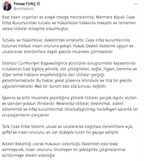 Bakan Tunç: İşkence ve kötü muamele iddiaları gerçek dışıdır