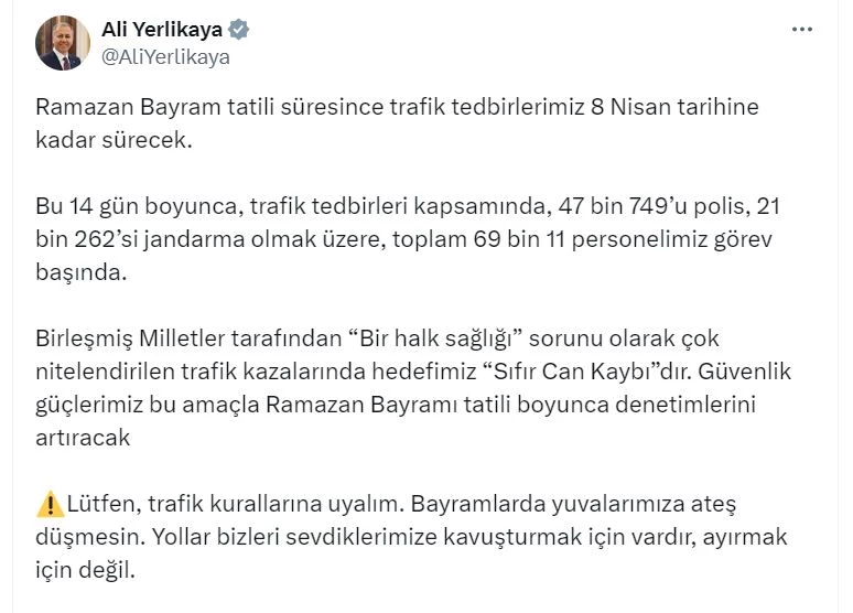 Bakan Yerlikaya: Trafik tedbirlerimiz 8 Nisan tarihine kadar sürecek