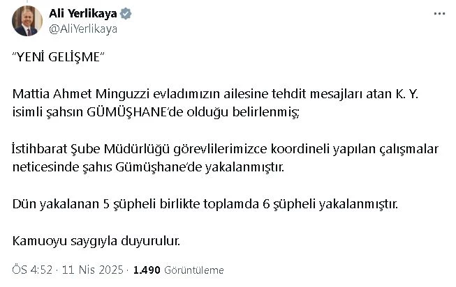 Bakan Yerlikaya: Ahmet Minguzzi