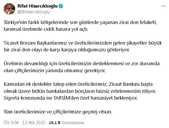 TOBB Başkanı Hisarcıklıoğlu: Üreticilerimiz, borçların faizsiz ertelenmesini istiyor