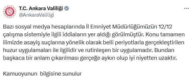 Ankara Valiliği’nden İl Emniyet Müdürlüğü’nün çalışma sistemiyle ilgili açıklama