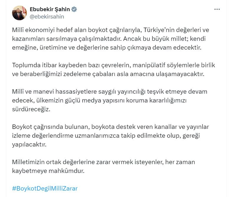 RTÜK Başkanı Şahin: Boykota destek veren kanallar ve yayınlar takip ediliyor