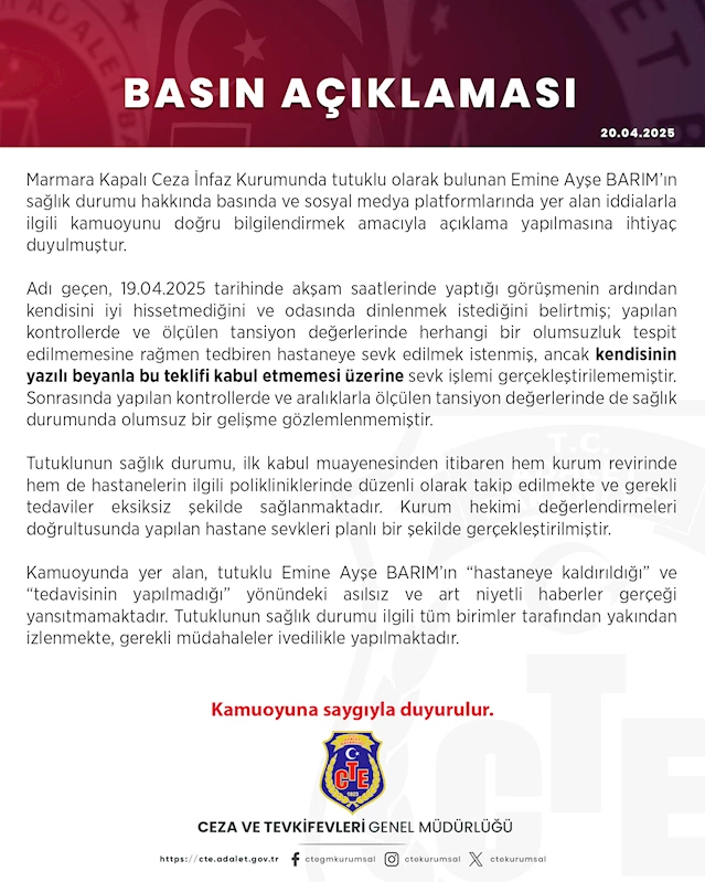 Ceza ve Tevkifevleri Genel Müdürlüğü’nden Ayşe Barım açıklaması