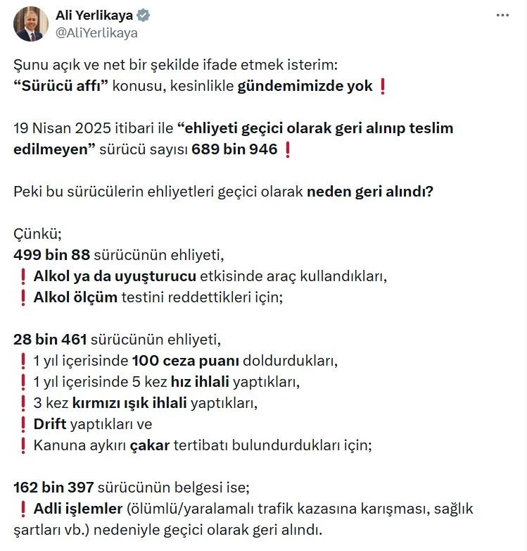 Bakan Yerlikaya: 