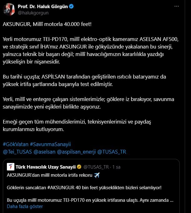 Milli İHA AKSUNGUR, irtifa rekoru kırdı (2)
