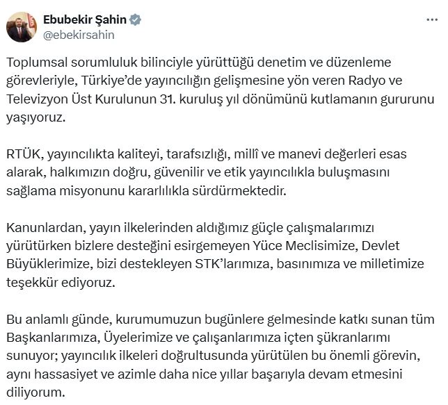 Ebubekir Şahin’den RTÜK’ün kuruluşunun 31