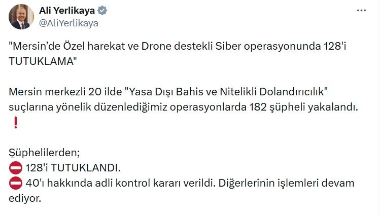 Mersin merkezli 20 ilde yasa dışı bahis operasyonu; 128 şüpheli tutuklandı