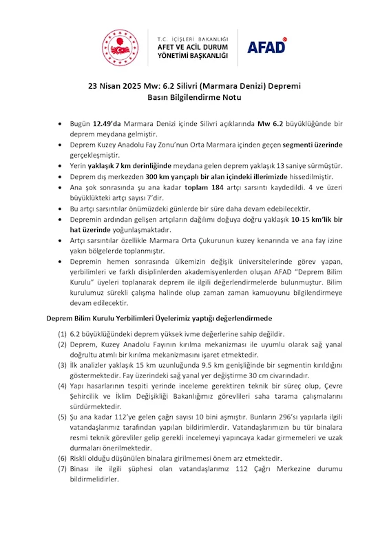 AFAD’dan deprem değerlendirmesi: 184 artçı sarsıntı kaydedildi