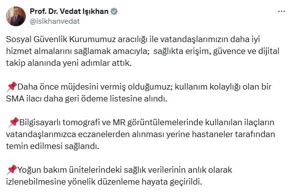 Bakan Işıkhan: Bir SMA ilacı daha geri ödeme listesine alındı