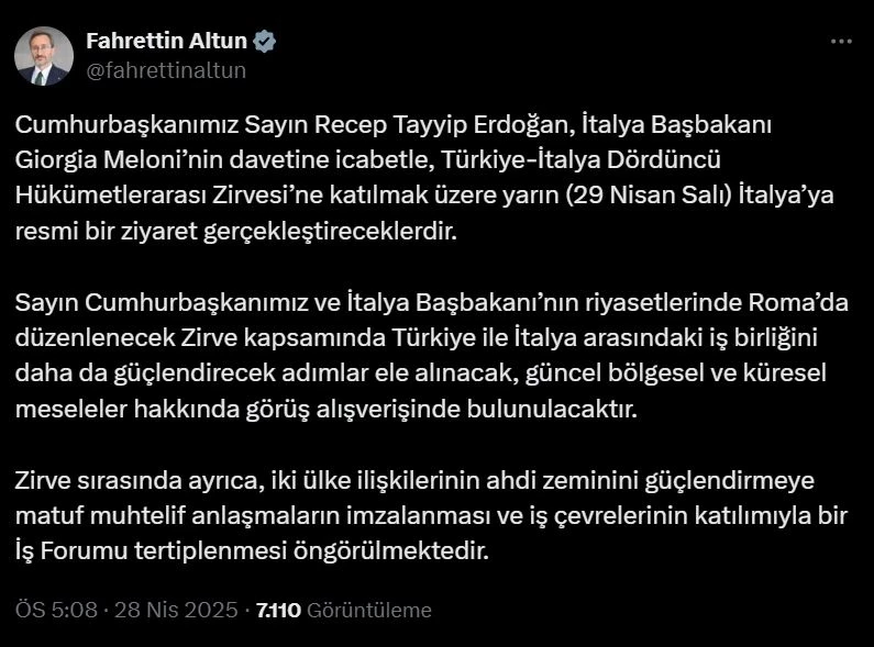 Cumhurbaşkanı Erdoğan, yarın İtalya