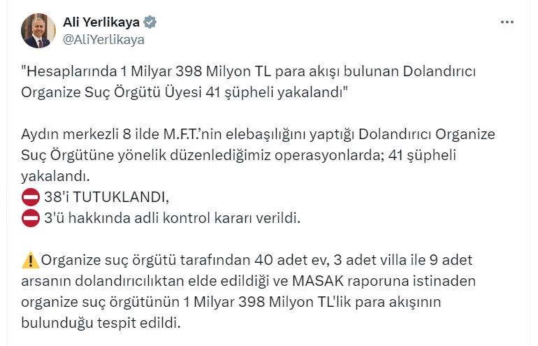 Aydın merkezli 8 ilde organize suç örgütüne operasyon; 38 tutuklama 