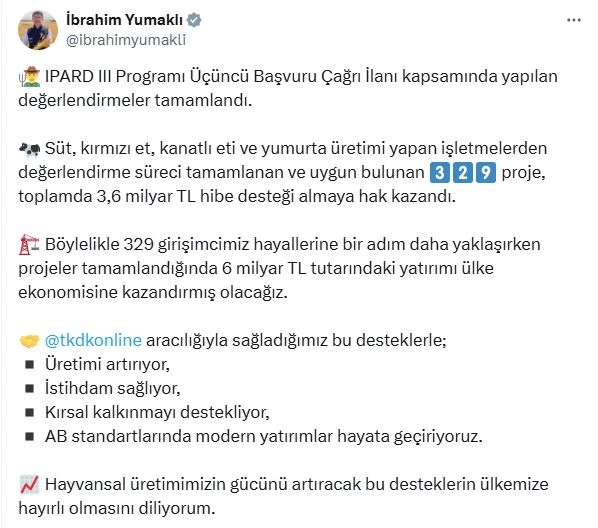 Bakan Yumaklı: 329 projeye 3,6 milyar TL hibe desteği sağlanacak