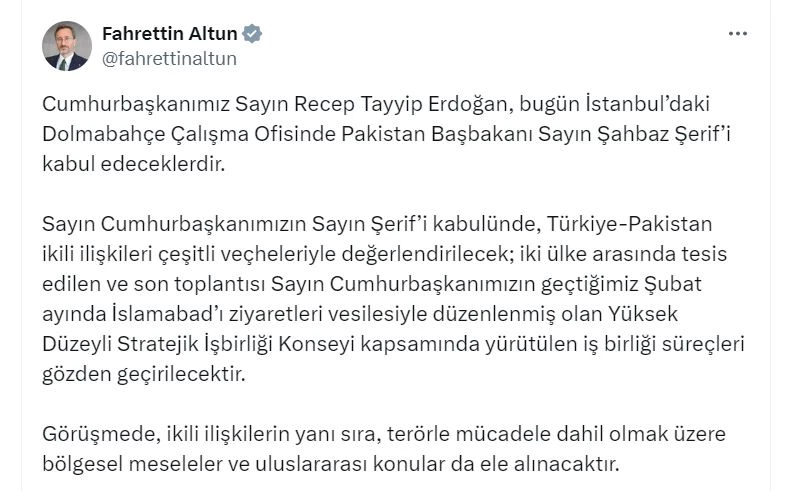 Cumhurbaşkanı Erdoğan, Pakistan Başbakanı Şerif