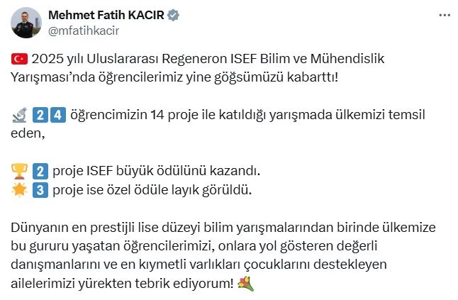 Bakan Kacır: Ülkemizi temsil eden 2 proje ISEF büyük ödülünü kazandı