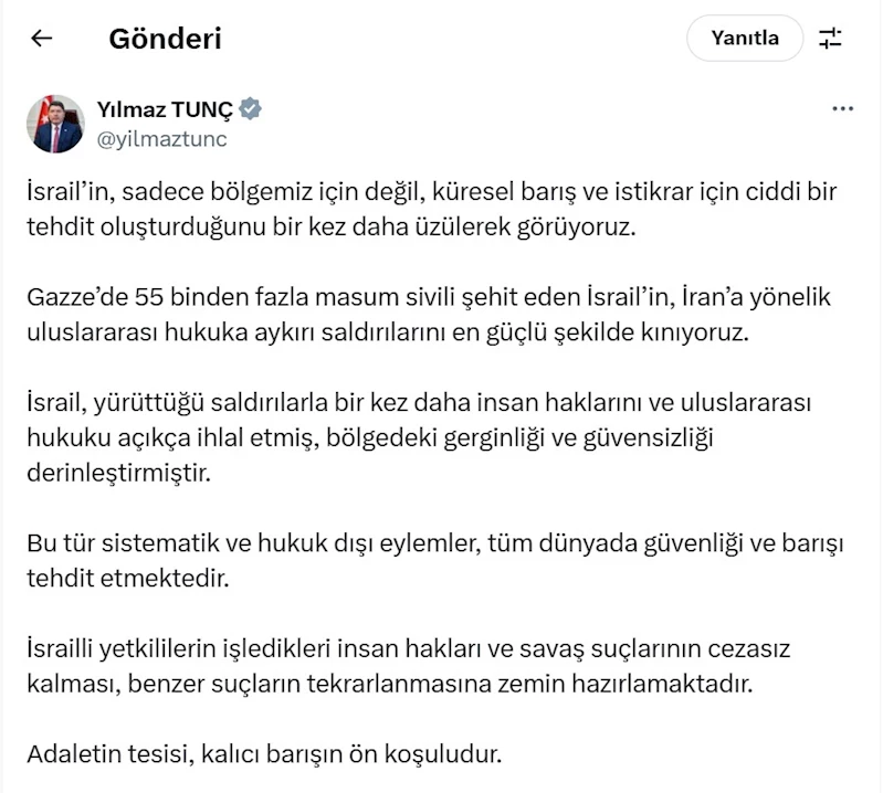 Bakan Tunç: İsrail