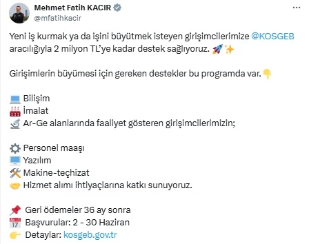 Bakan Kacır: Girişimcilere 2 milyon TL