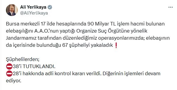 Bursa merkezli 17 ilde suç örgütü operasyonu; 38 tutuklama