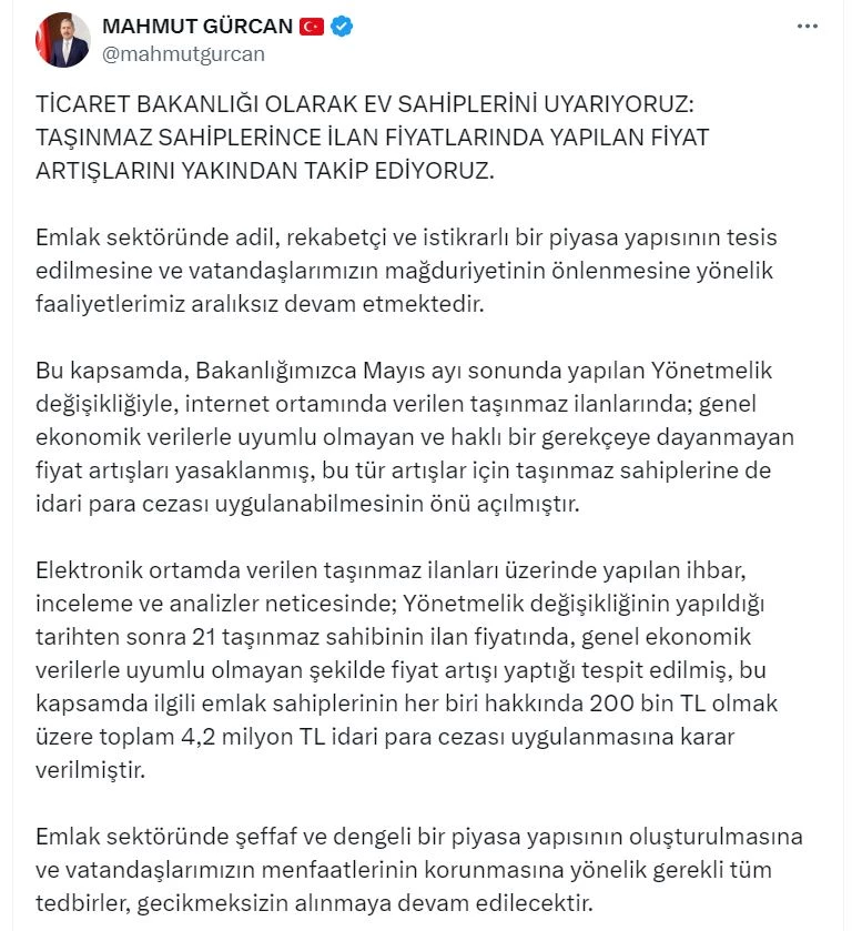 Bakanlıktan emlakta fahiş fiyata 4,2 milyon lira ceza