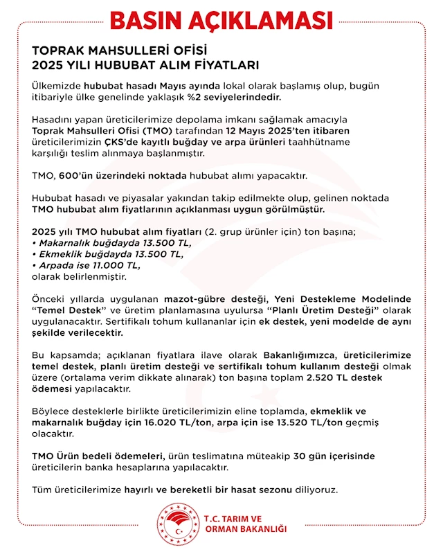 2025 yılı hububat alım fiyatları belli oldu