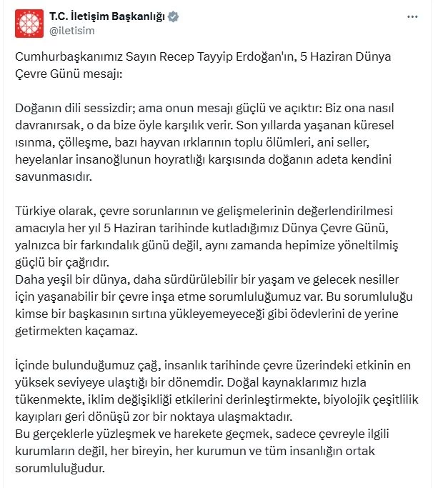 Cumhurbaşkanı Erdoğan: Gelecek nesiller için yaşanabilir bir çevre inşa etme sorumluluğumuz var