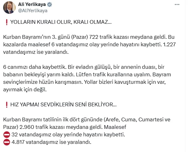 Bakan Yerlikaya: Bayram tatilinin ilk 4 gününde 32 vatandaşımız hayatını kaybetti
