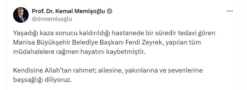 Manisa Büyükşehir Belediye Başkanı Zeyrek, hayatını kaybetti
