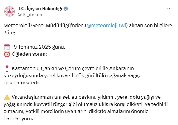 Ankara için yeni sağanak uyarısı