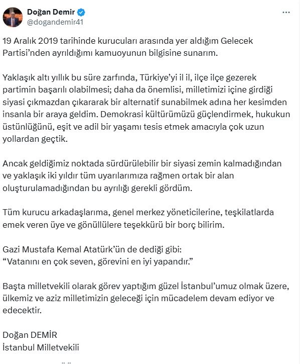 İstanbul- Gelecek Partisi İstanbul Milletvekili Doğan Demir istifa etti
