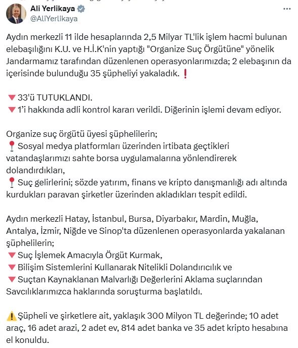Aydın merkezli 11 ilde organize suç örgütüne operasyon: 33 tutuklama