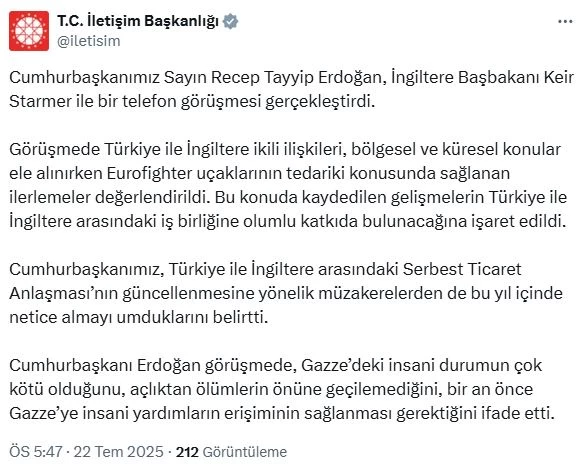 Cumhurbaşkanı Erdoğan, İngiltere Başbakanı Starmer ile telefonla görüştü 
