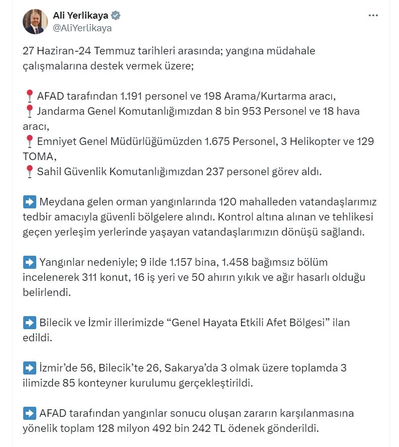 Bakan Yerlikaya: Bilecik ve İzmir, 