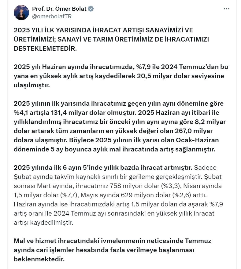 Bakan Bolat: Zorlu rekabet koşullarına rağmen ihracatımızda artış devam ediyor