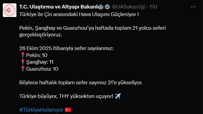 Türkiye ile Çin arasındaki sefer sayıları artıyor 